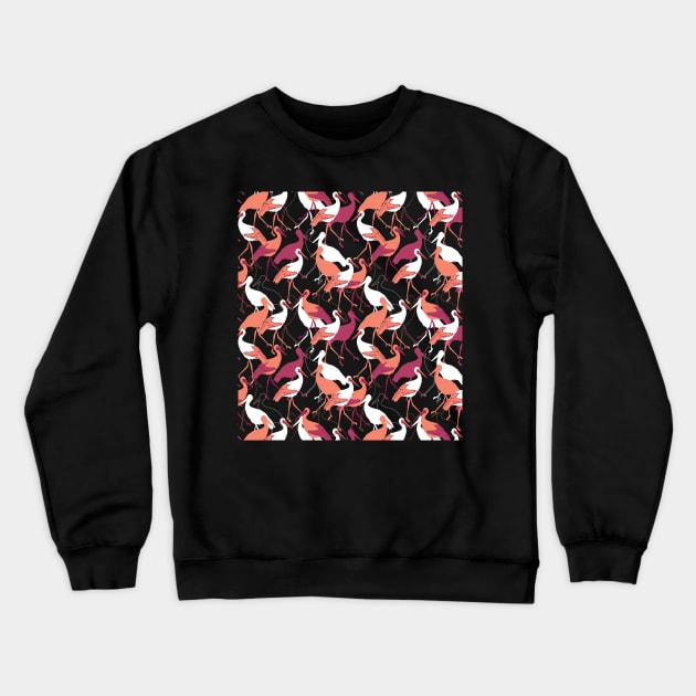 Red amd White Stork Birds on Black Background Color Pattern Crewneck Sweatshirt by FlinArt